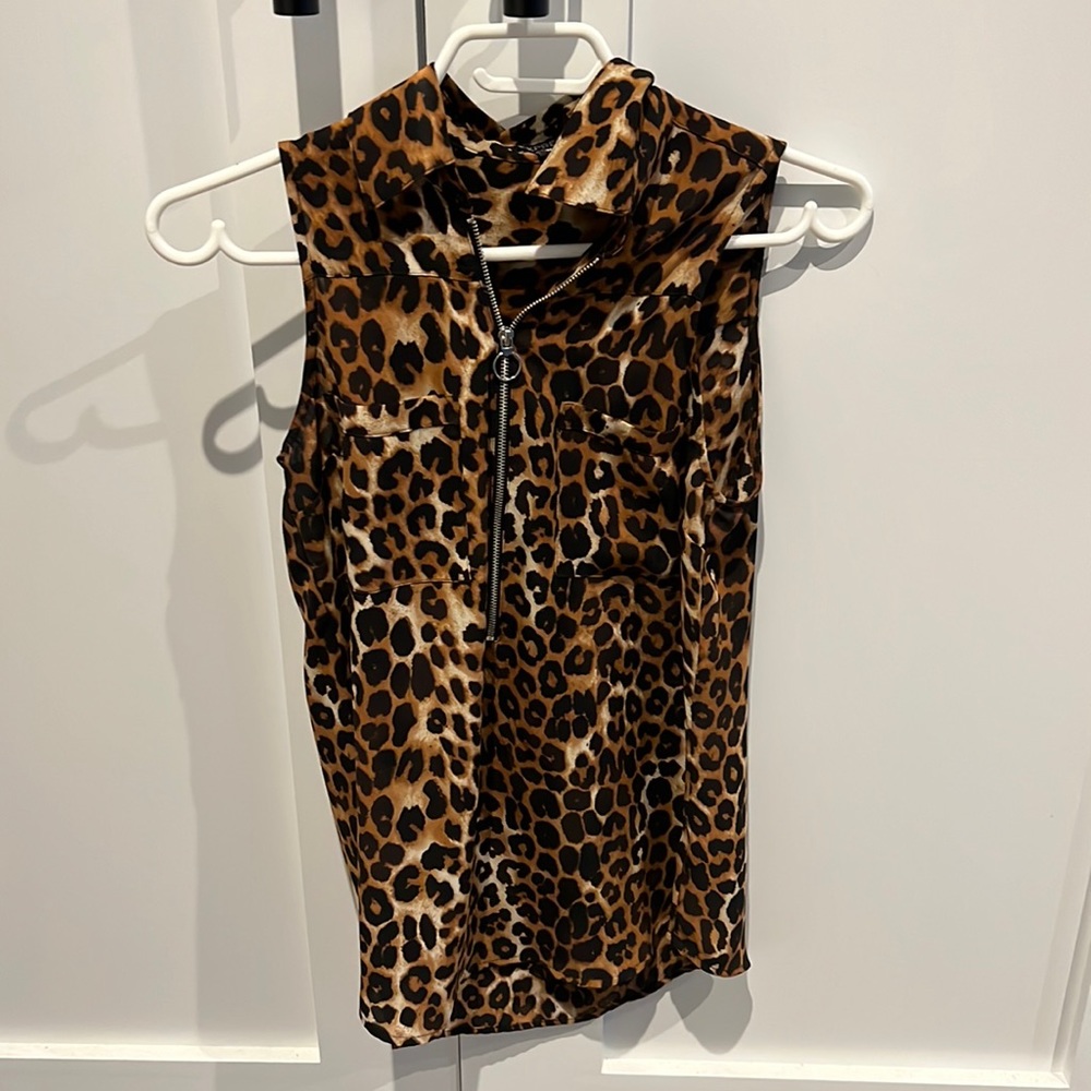 Express Sheer Leopard Tank Top with 1/4 Zip and Collar XS